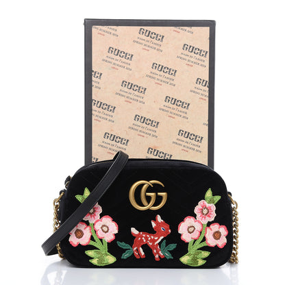 Gucci Velvet Matelasse Deer Embroidered Small GG Marmont Chain Shoulder Bag Black 10 of 10