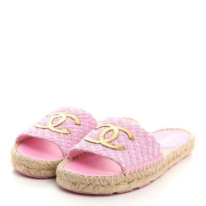 Chanel Tweed Laminated Lambskin CC Slide Sandals 38 Light Pink Gold 3 of 9