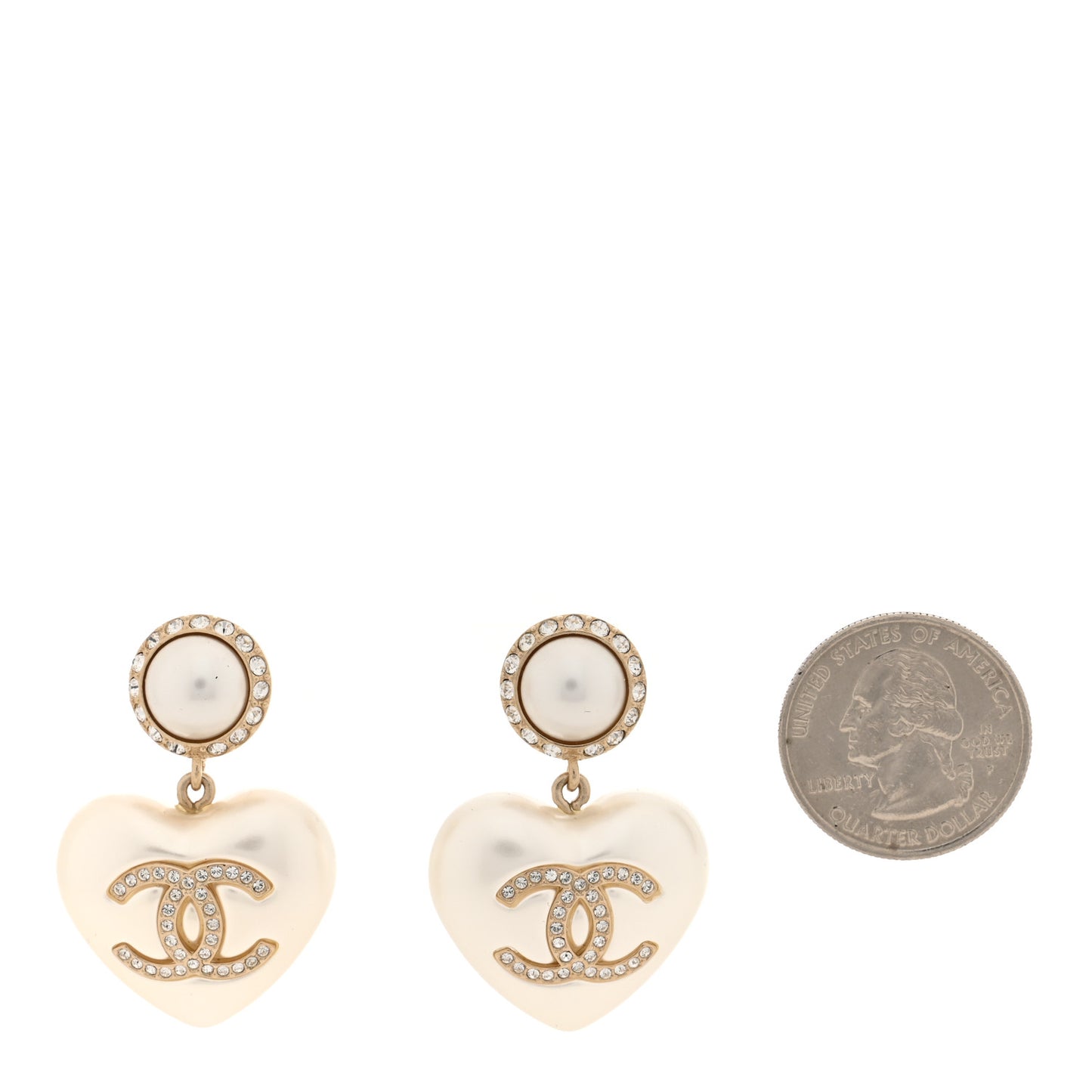 Pearl Crystal CC Heart Drop Earrings Gold