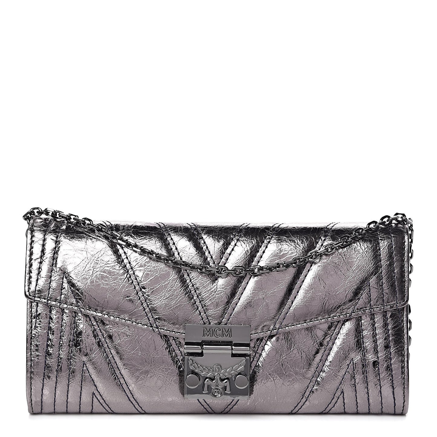 Metallic Calfskin Quilted Wallet On Chain Silver
