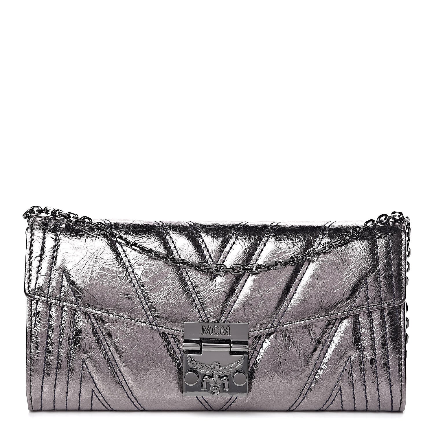 MCM Metallic Calfskin Quilted Wallet On Chain Silver 1 of 11