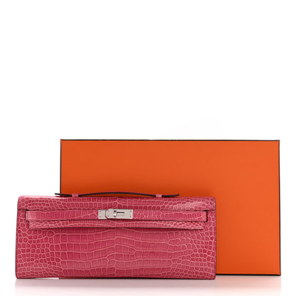 Hermes Shiny Porosus Crocodile Kelly Cut Pochette Rose Tyrien 11 of 11