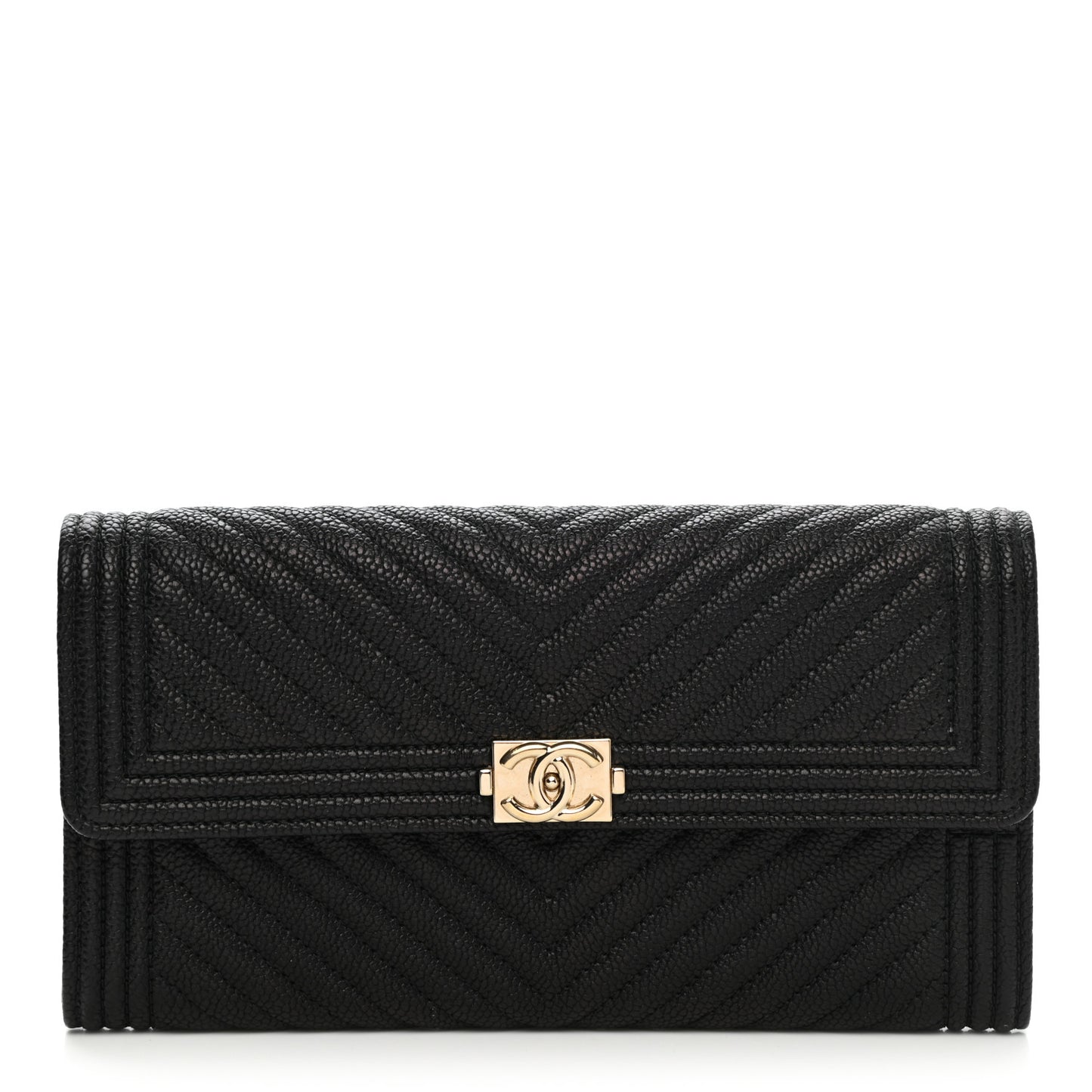 Caviar Chevron Quilted Boy Flap Wallet Black