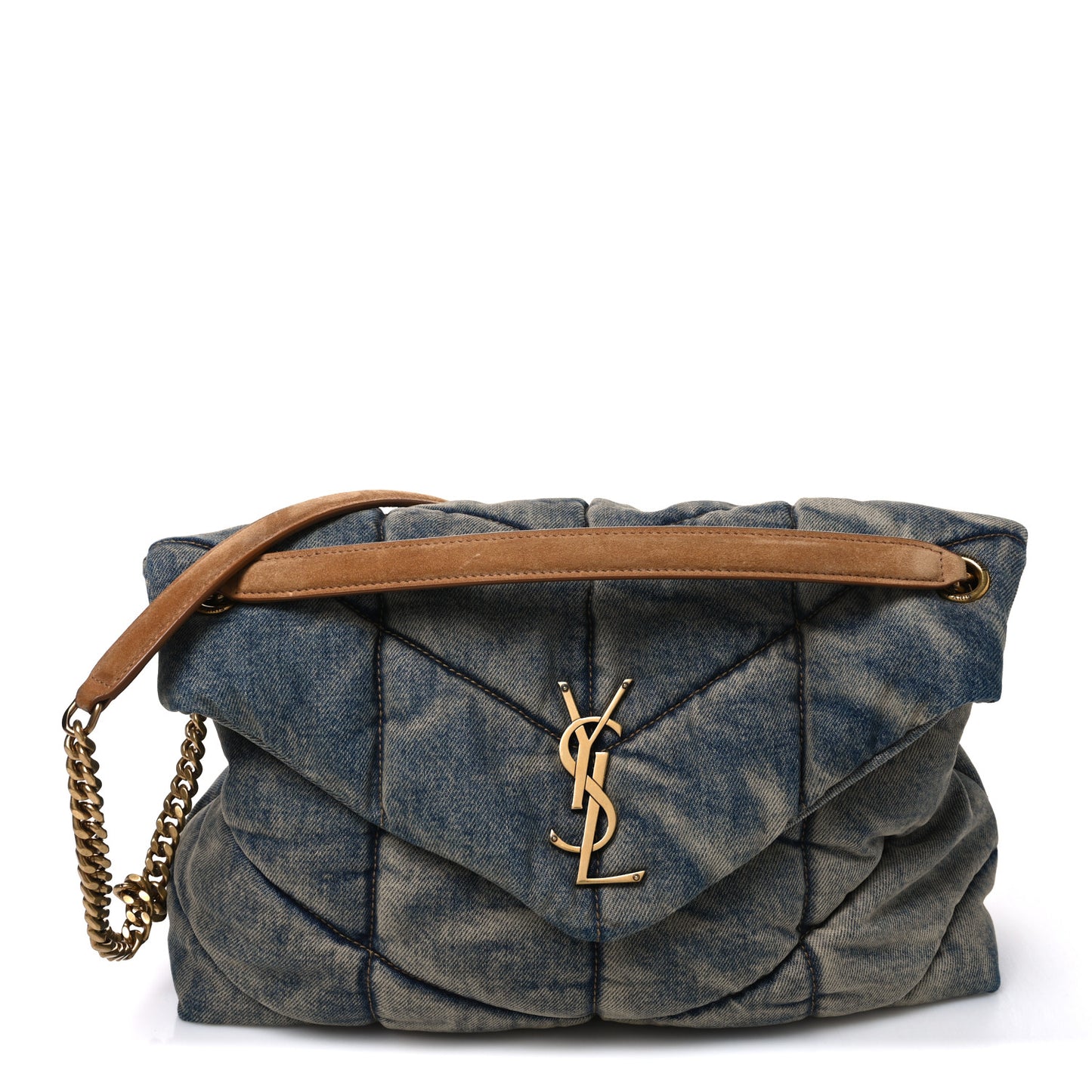 Denim Quilted Medium Loulou Puffer Monogram Chain Satchel Blue Cinnamon