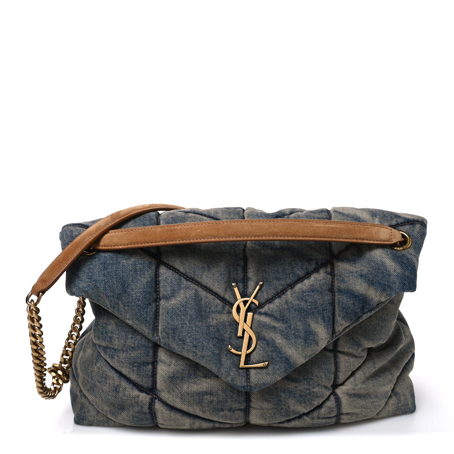 Saint Laurent Denim Quilted Medium Loulou Puffer Monogram Chain Satchel Blue Cinnamon 1 of 10