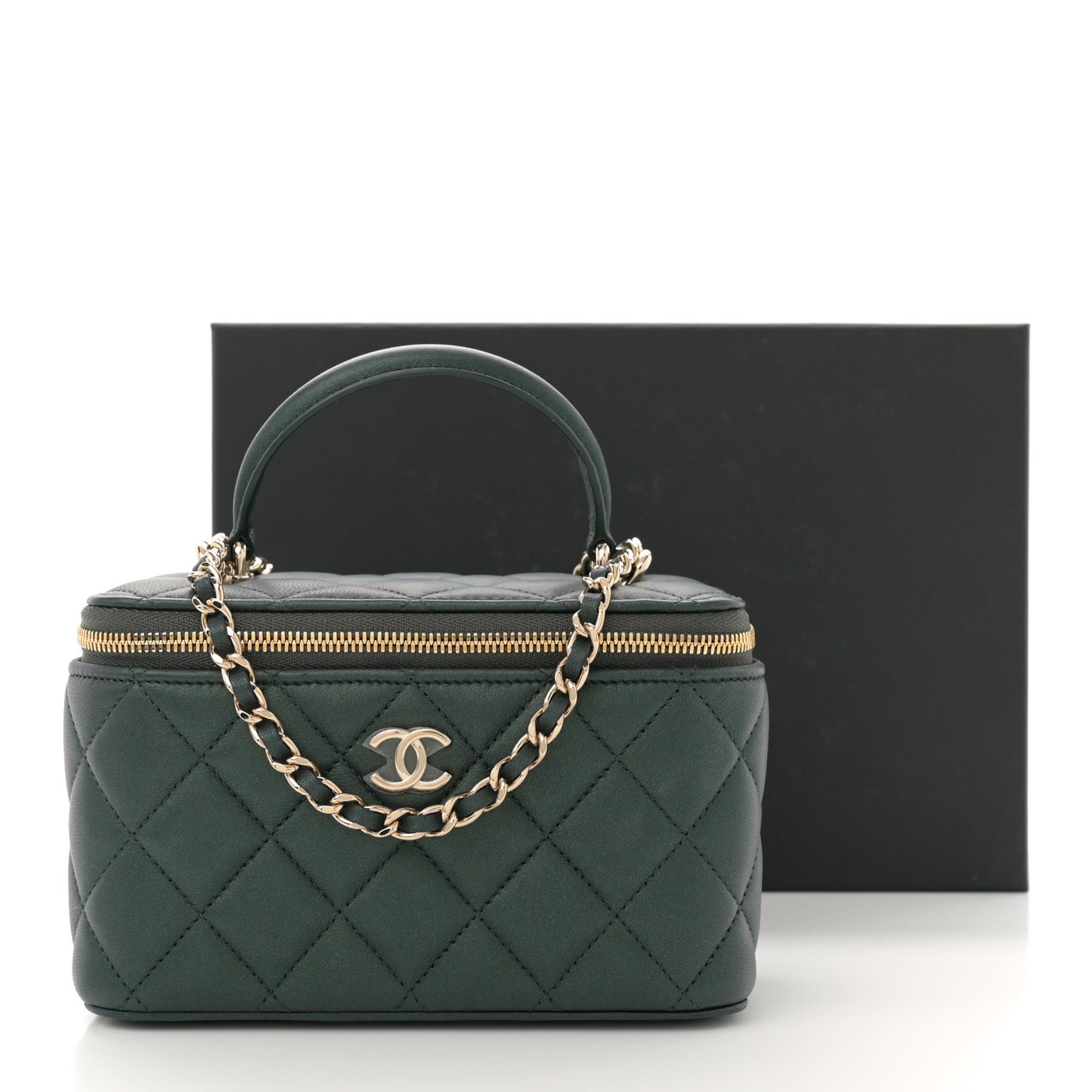 Iridescent Lambskin Quilted Small Top Handle Vanity Case With Chain Green