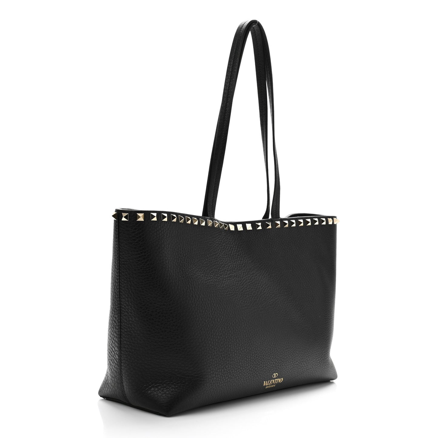 Grained Calfskin Small Rockstud Shoulder Tote Black