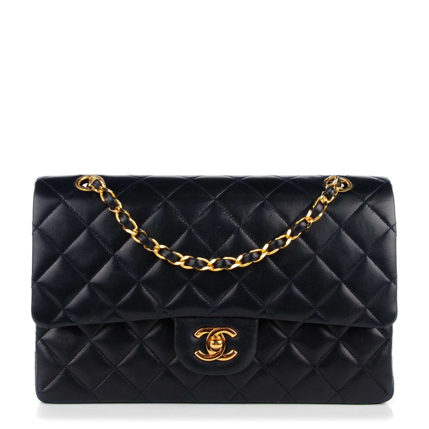 Lambskin Quilted Medium Double Flap Navy