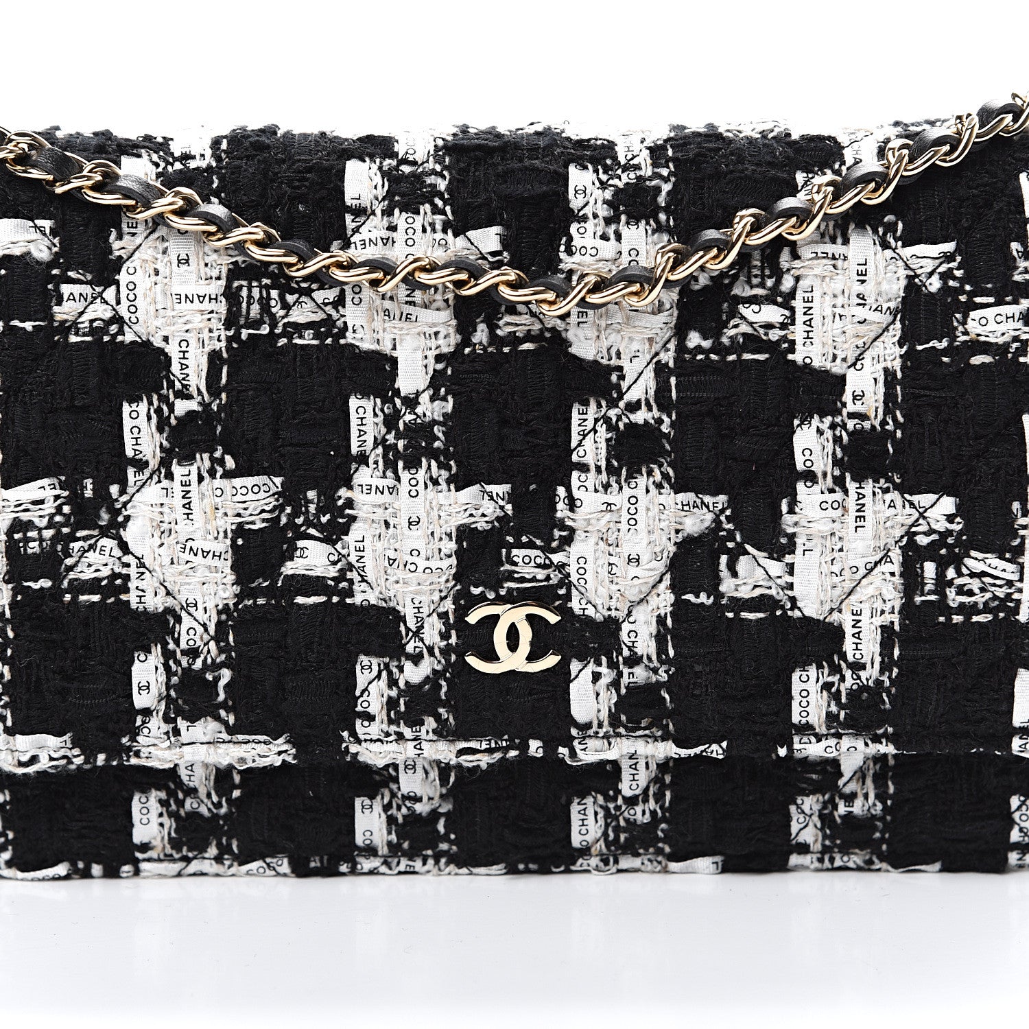 Chanel Tweed Quilted Wallet On Chain WOC Black Ecru White 8 of 11