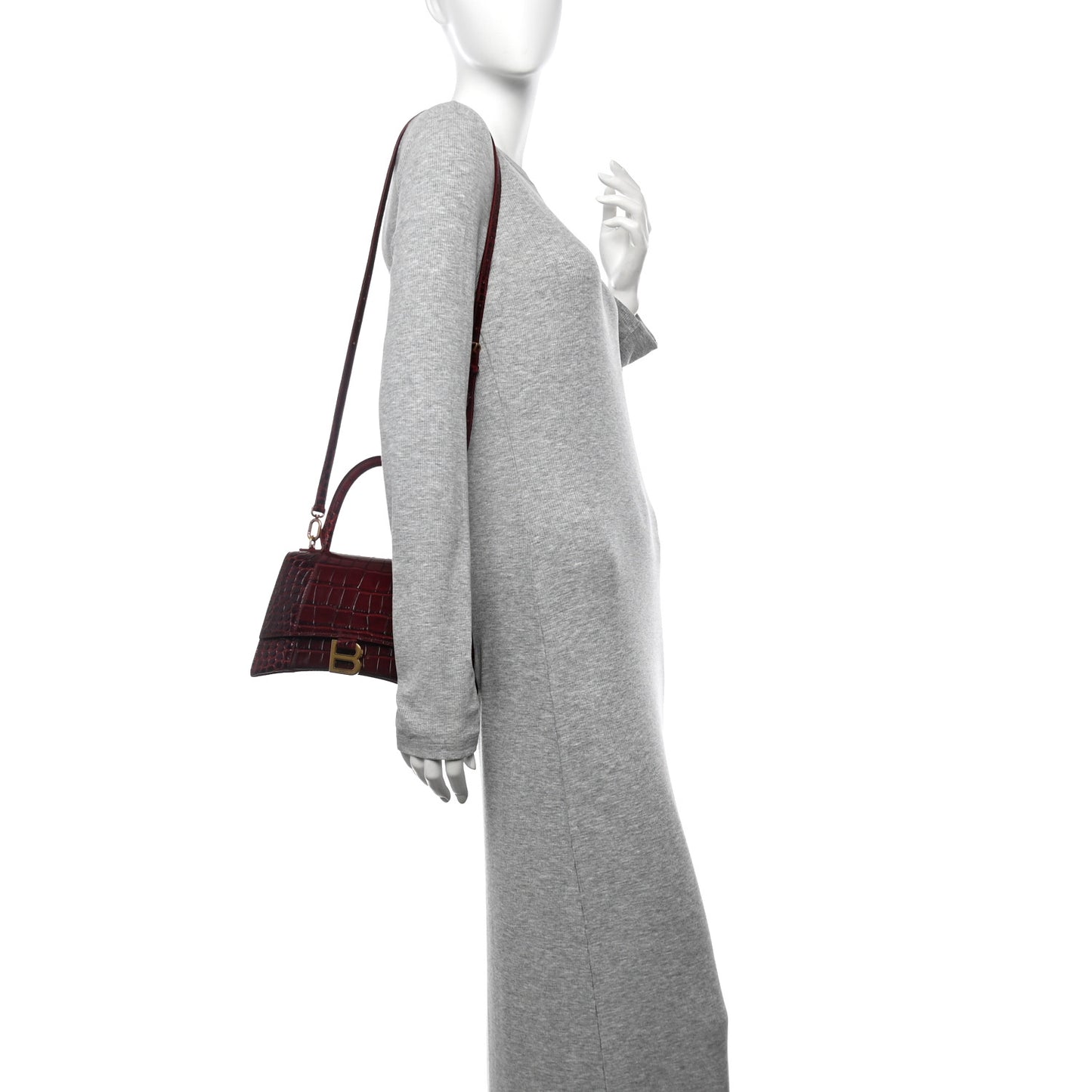 Shiny Calfskin Crocodile Embossed Small Hourglass Top Handle Bag Dark Red