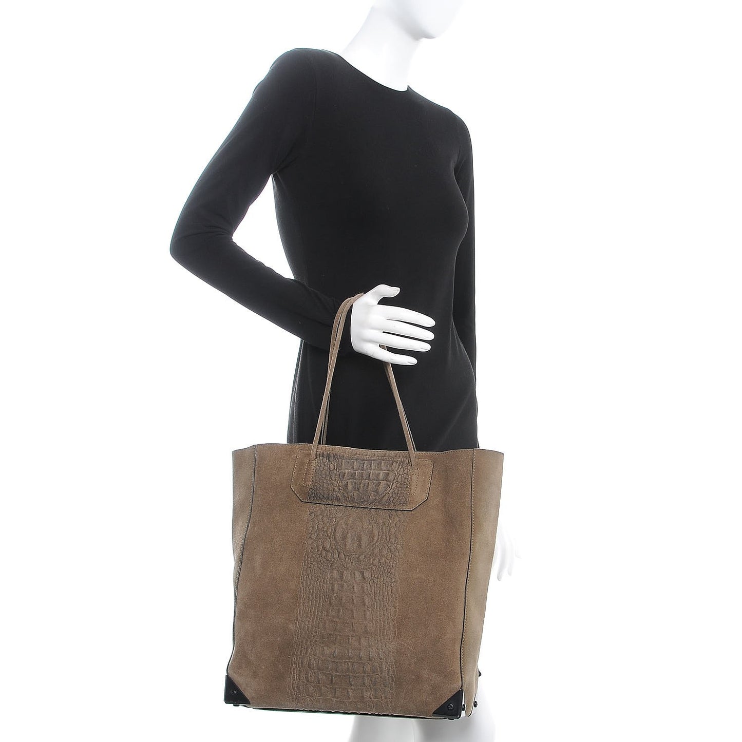 Suede Crocodile Embossed Prisma Skeletal Tote Bag Brown