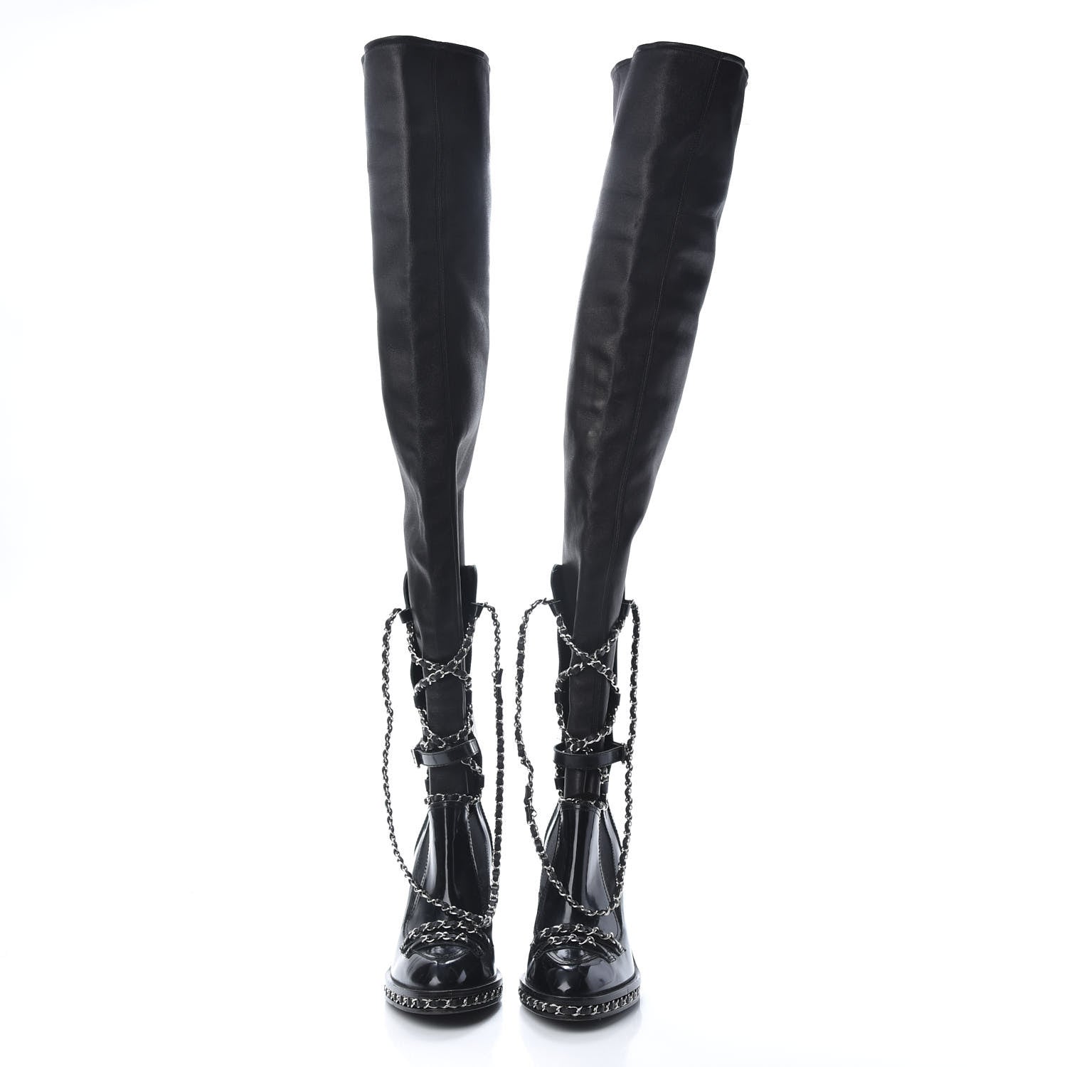 Chanel Patent Chained Tall Combat Boots 38.5 Black 2 of 13