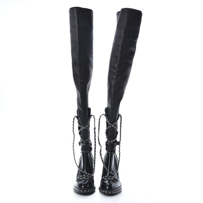 Chanel Patent Chained Tall Combat Boots 38.5 Black 2 of 13