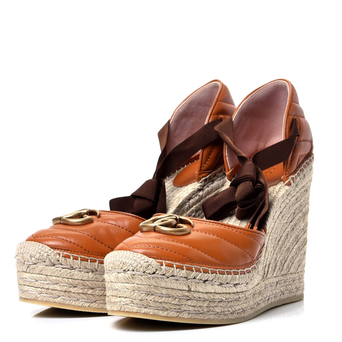 Nappa Matelasse GG Marmont Ankle Wrap Platform 35/120mm Espadrille Wedges 38 Cognac