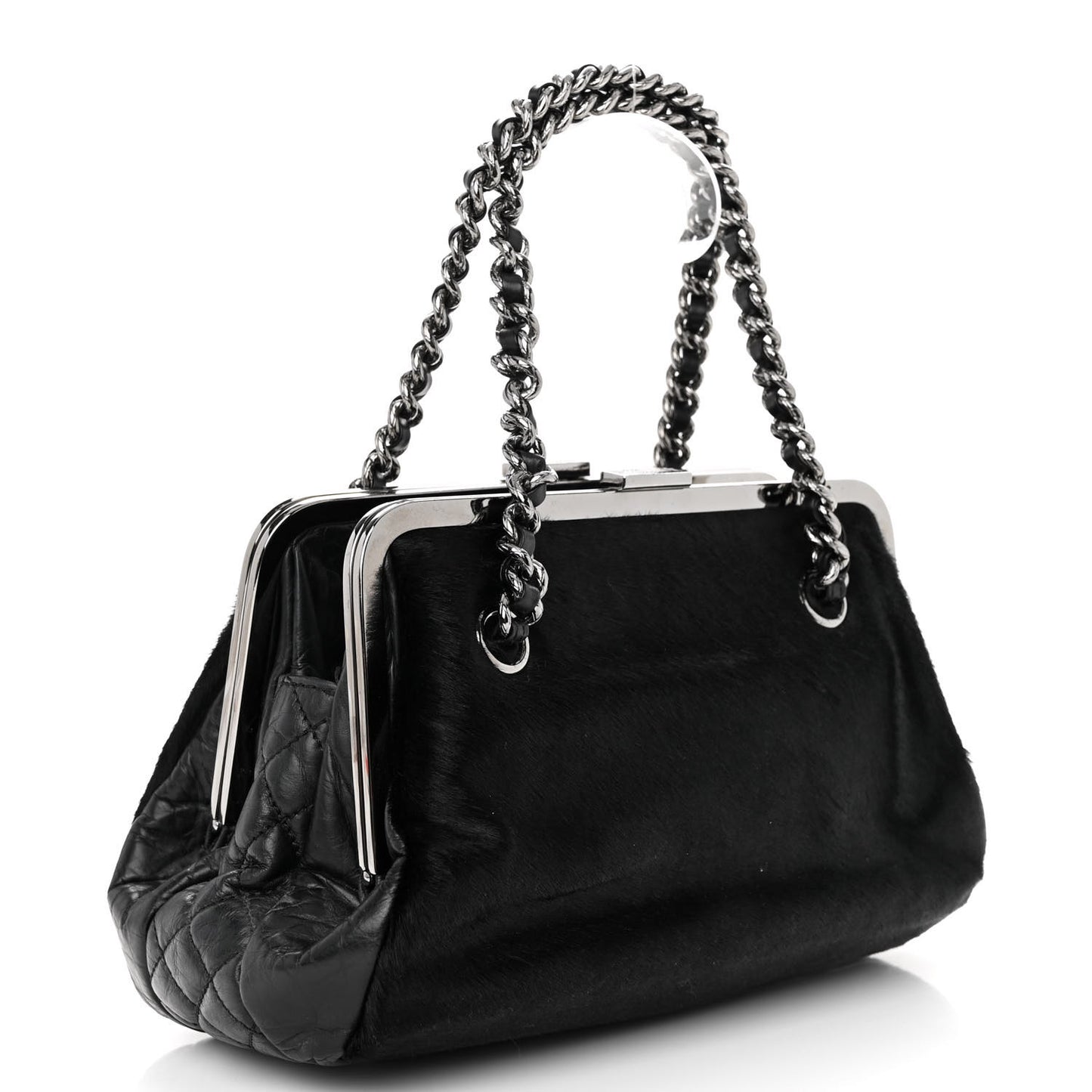 Pony Hair Lambskin Quilted Kiss Lock Frame Bag Black