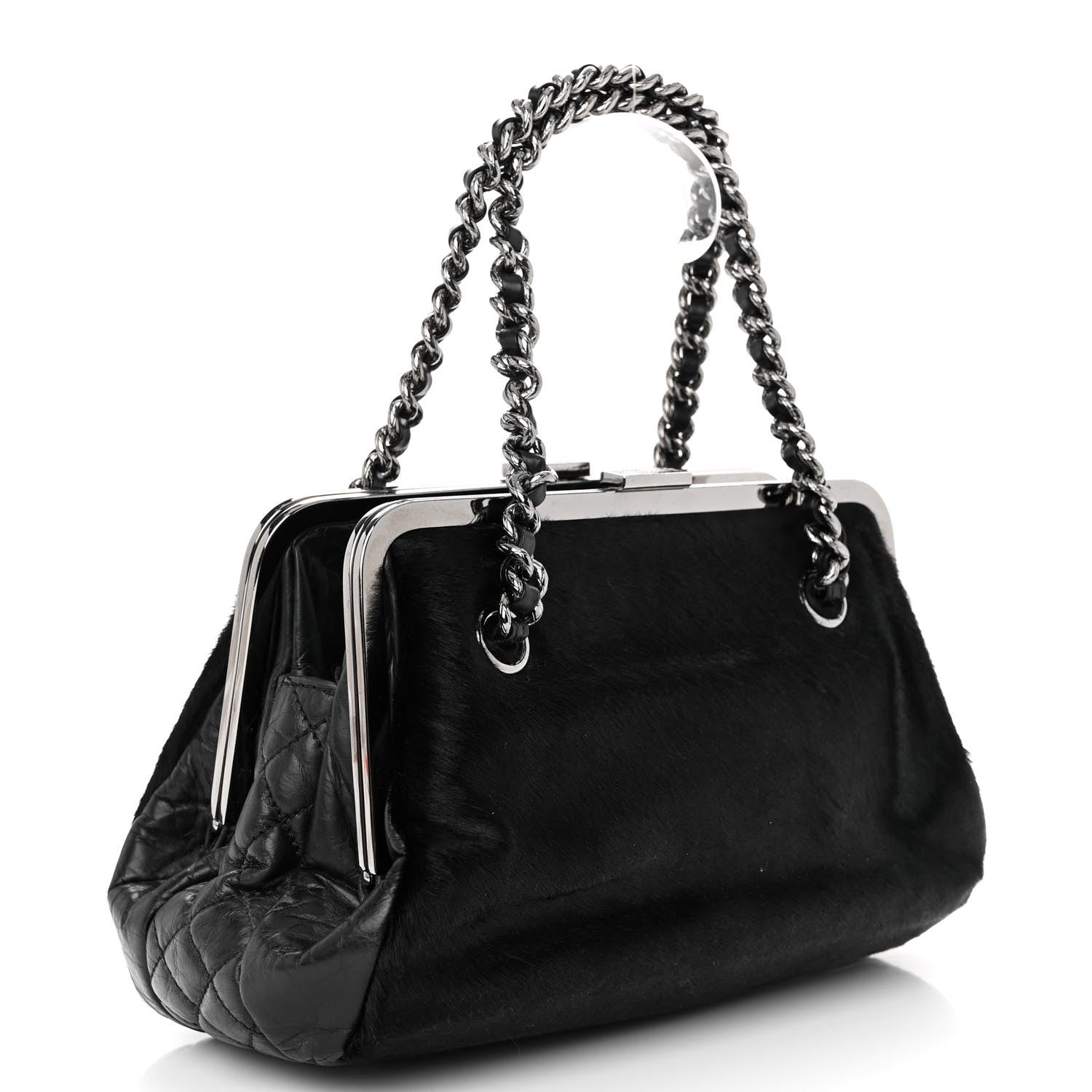 Chanel Pony Hair Lambskin Quilted Kiss Lock Frame Bag Black 3 of 12