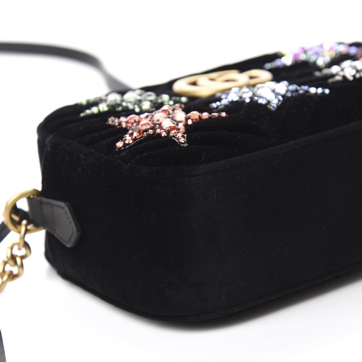 Velvet Matelasse Crystal Star Embroidered Small GG Marmont Chain Shoulder Bag Black