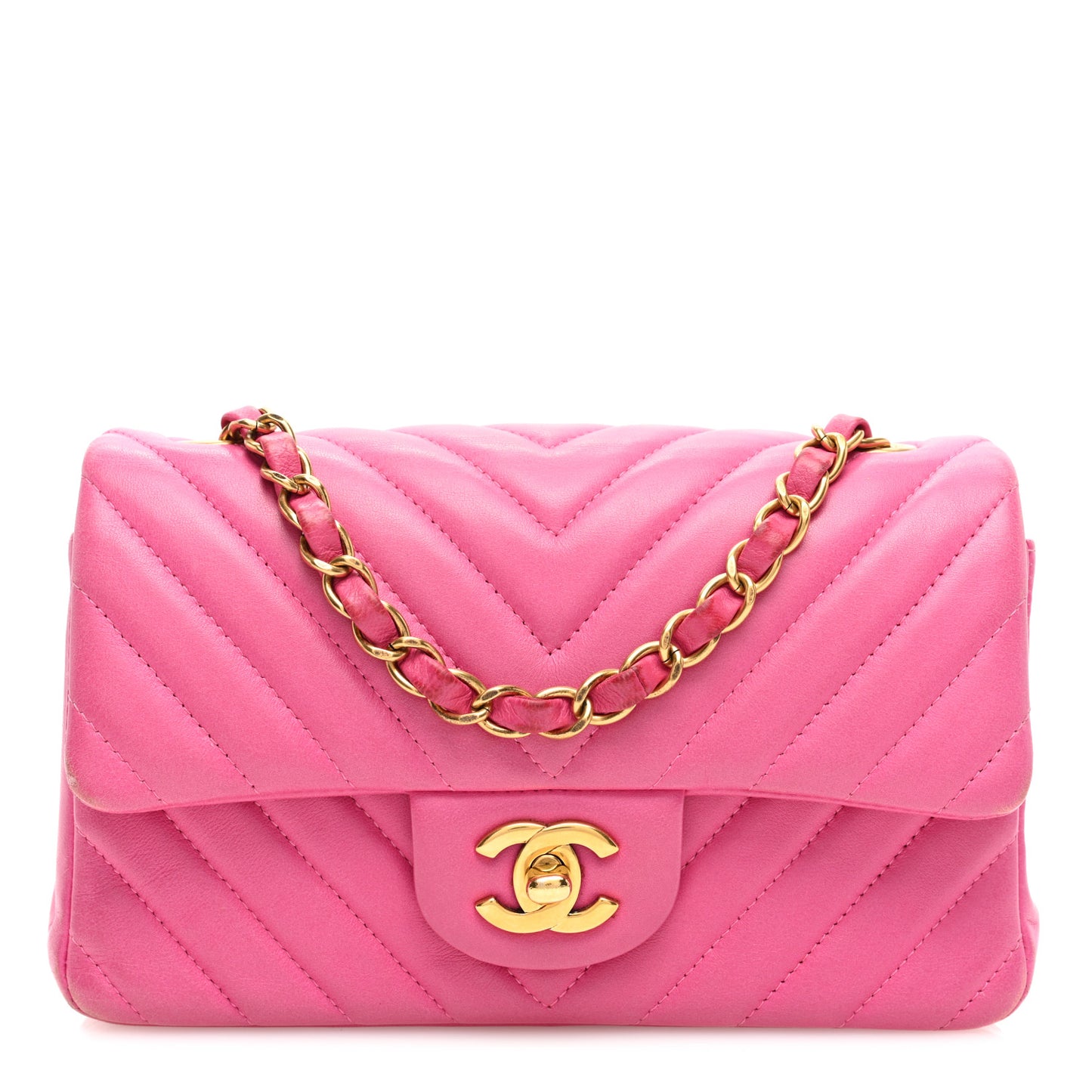 Lambskin Chevron Quilted Mini Rectangular Flap Dark Pink