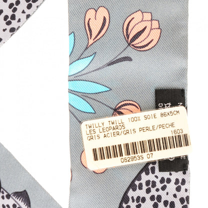 Hermes Silk Les Leopards Twilly Gris Acier Gris Perle Peach 4 of 7