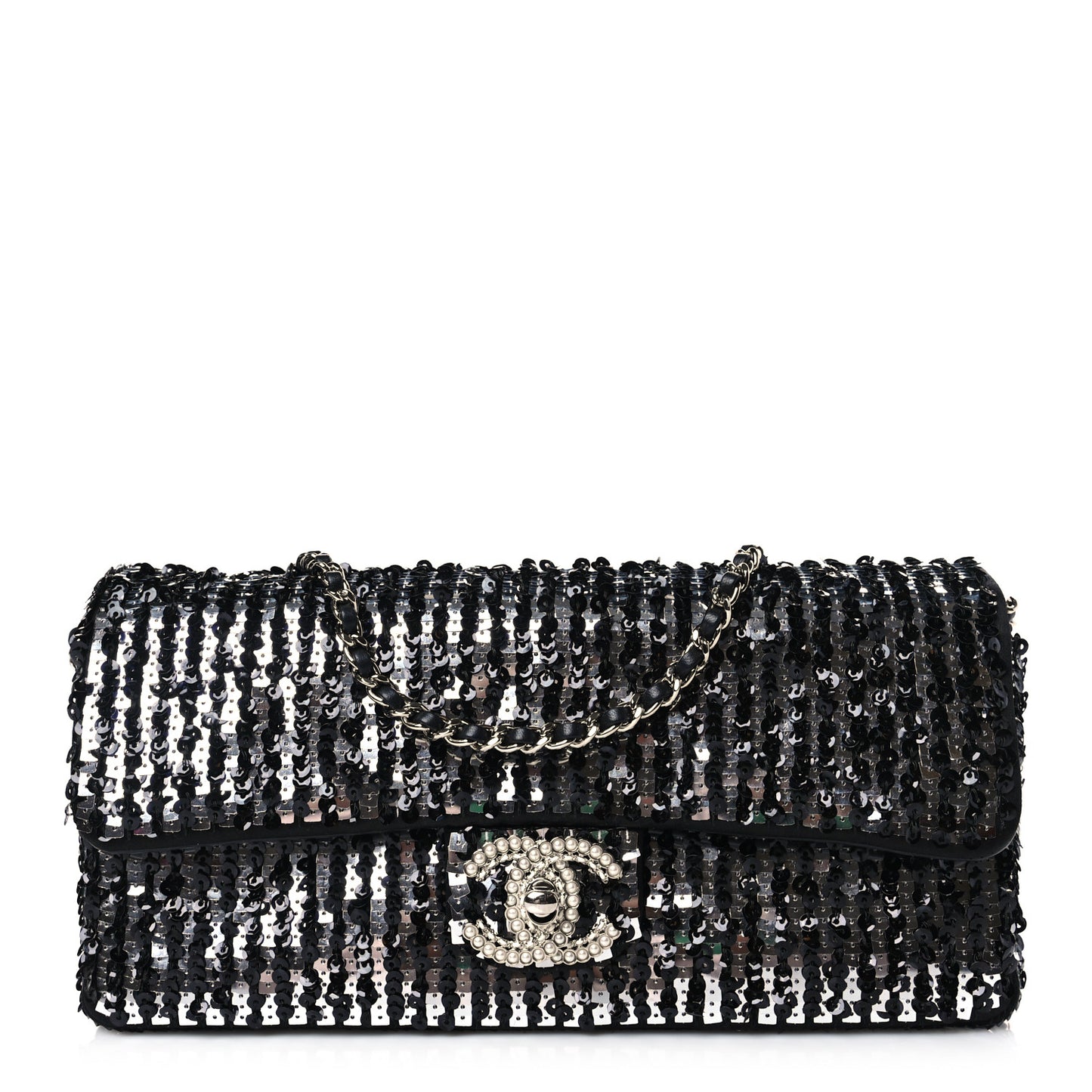 Sequin Quilted Pearl CC Flap Clutch Black