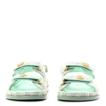 Chanel Wool Tweed Velcro Dad Sandals 37.5 Light Blue Ivory 3 of 9