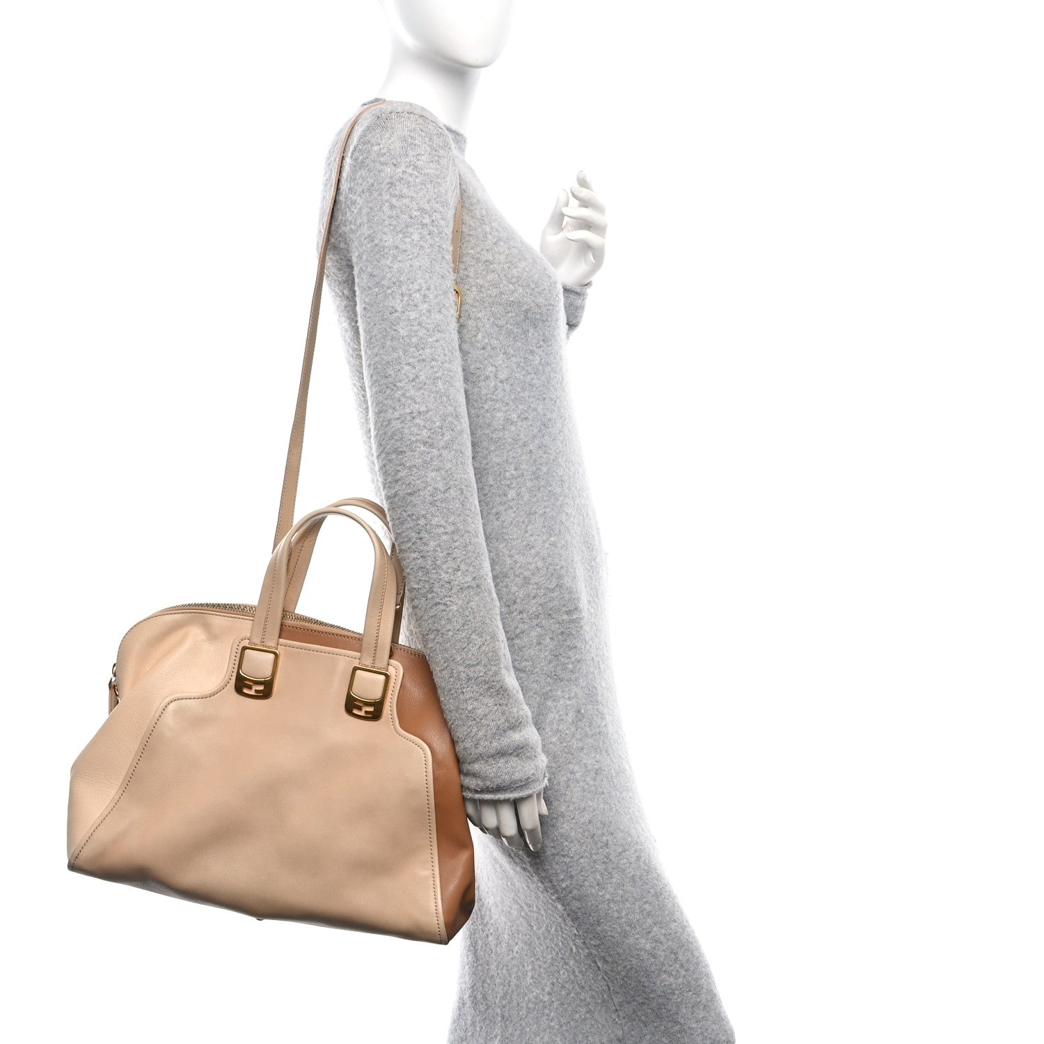 Fendi Capra Vitello Dolce Marmol Colorblock Large Chameleon Tote Cipria Makeup Camel 2 of 10