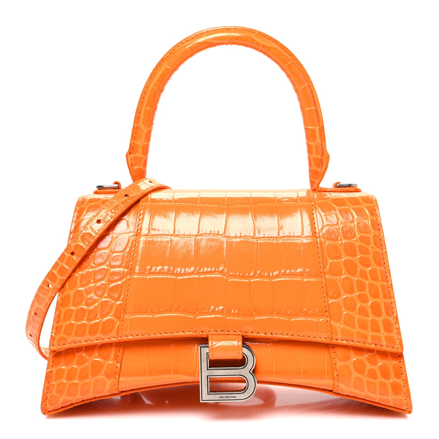 Shiny Calfskin Crocodile Embossed Small Hourglass Top Handle Bag Pop Orange