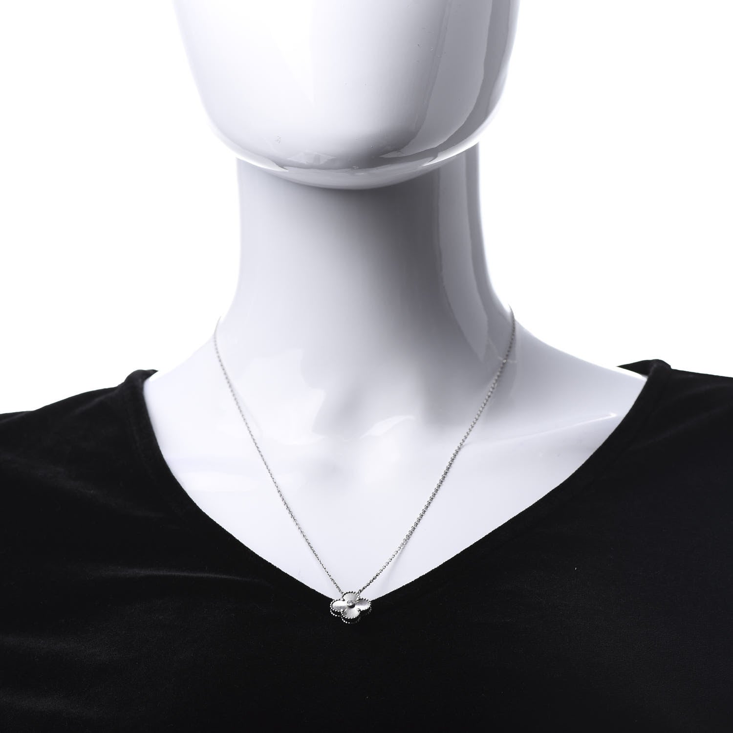 Van Cleef & Arpels 18K White Gold Diamond Guilloche Vintage Alhambra Pendant Necklace 2 of 7