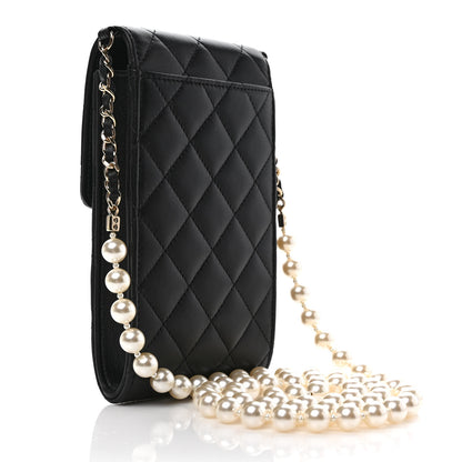 Chanel Lambskin Quilted Pearl Phone Holder With Chain Black 3 of 11