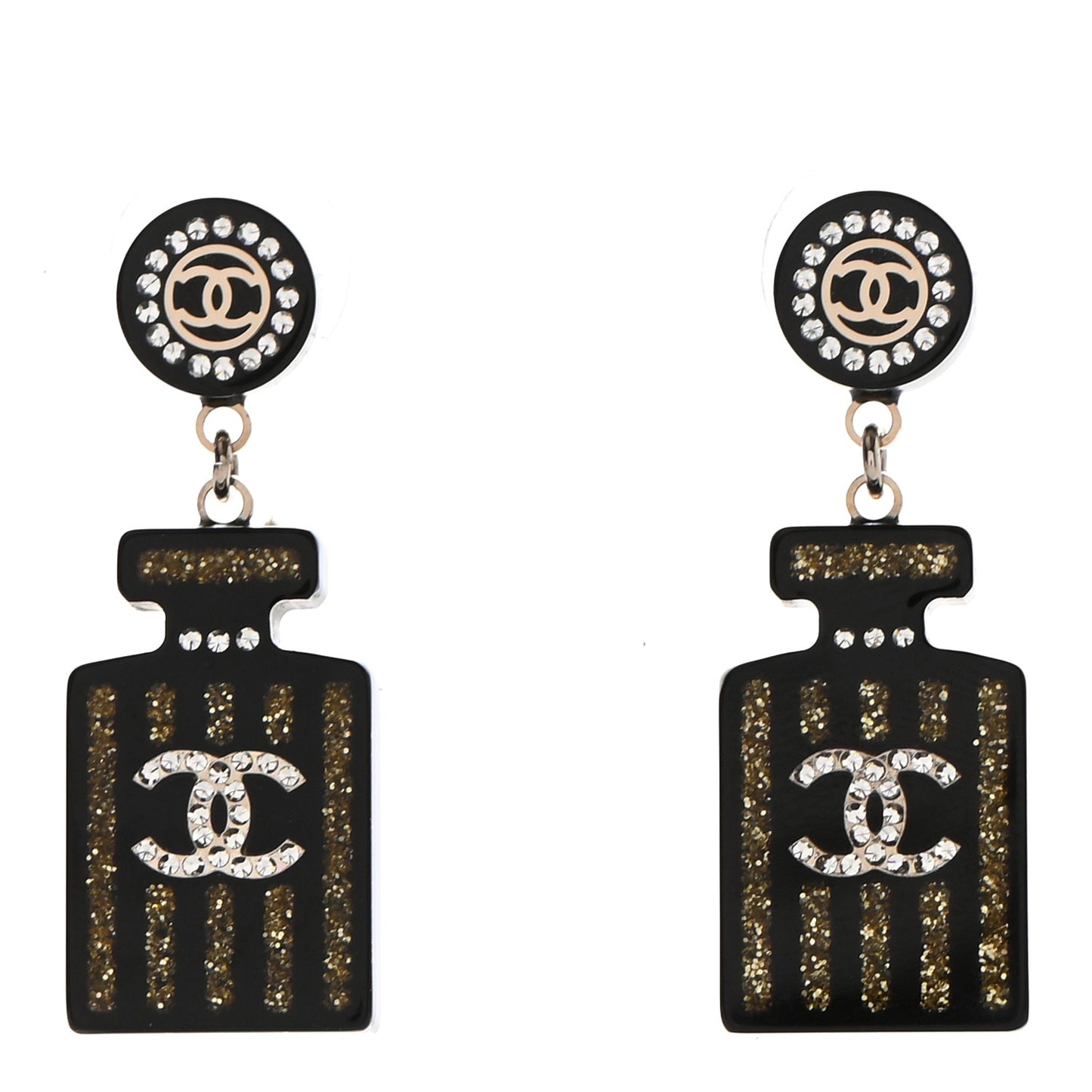 Resin Strass Perfume Bottle CC Earrings Black Gold