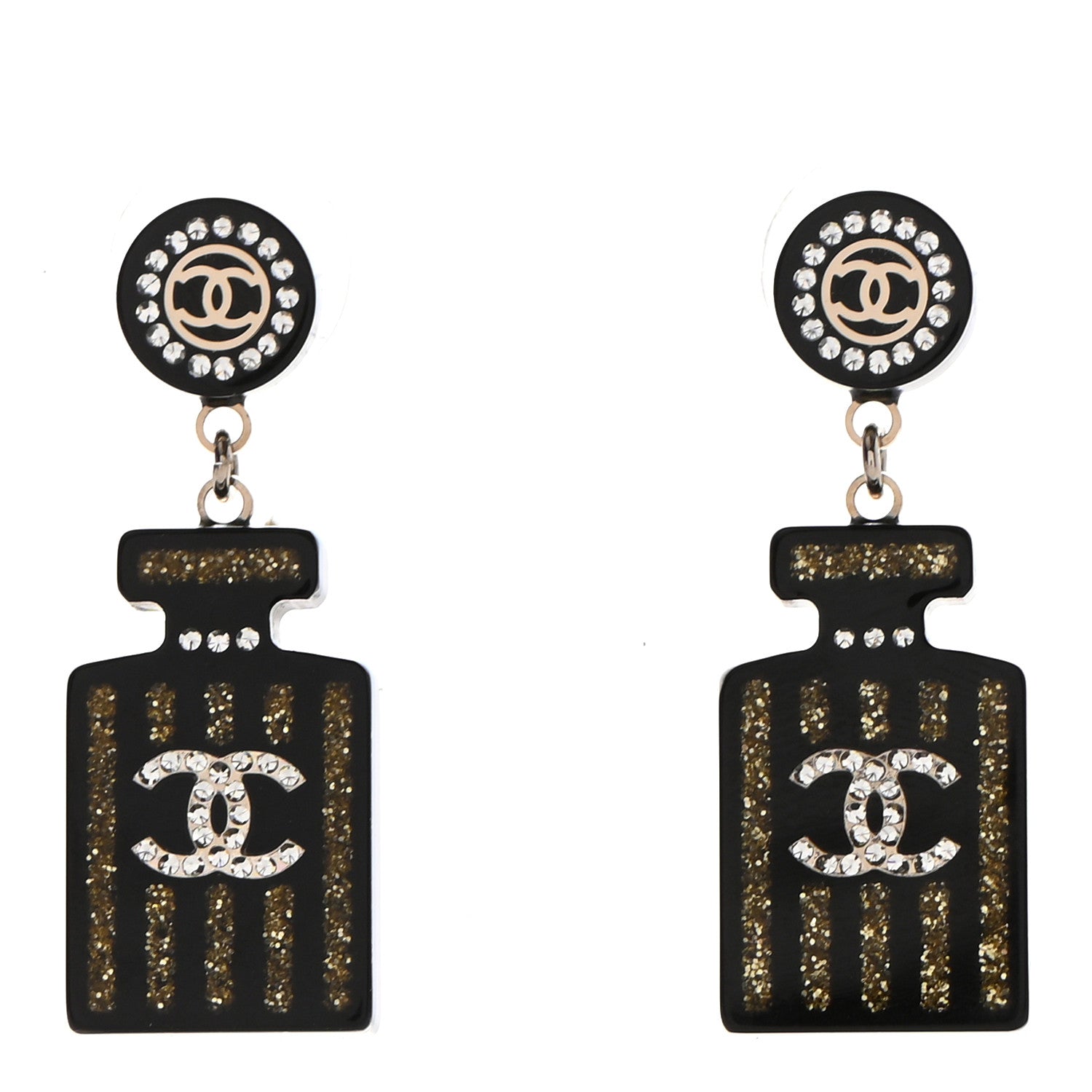Chanel Resin Strass Perfume Bottle CC Earrings Black Gold 1 of 4