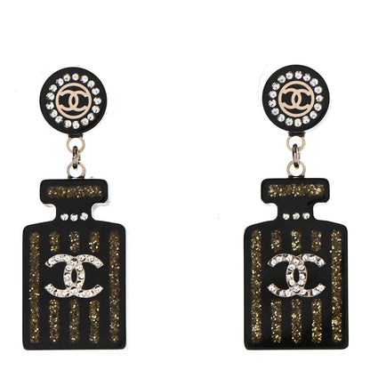 Chanel Resin Strass Perfume Bottle CC Earrings Black Gold 1 of 4