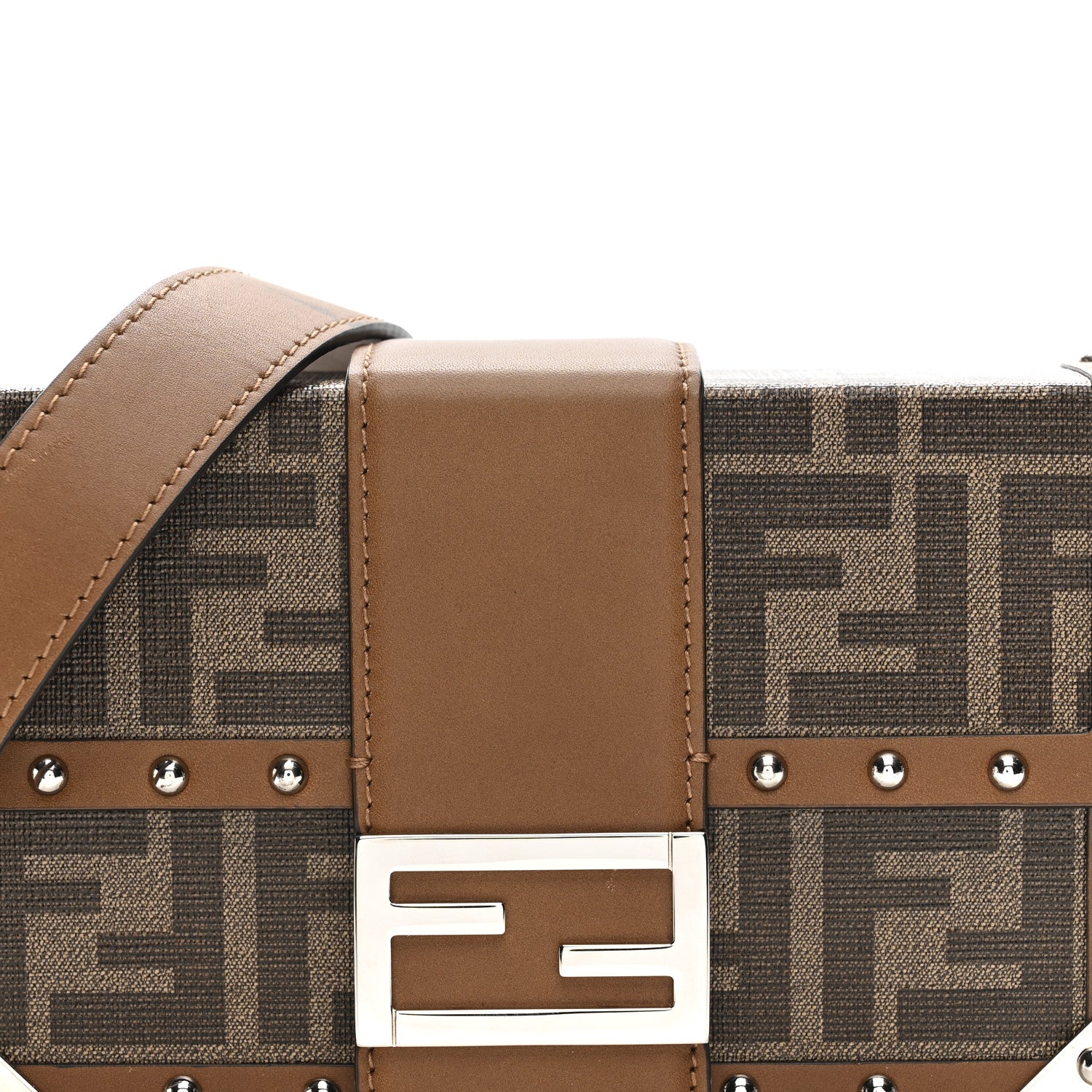 Fendi Shiny Glazed Fabric Vachetta FF 1974 Mini Baguette Trunk Mogano Panna Cuoio 8 of 15