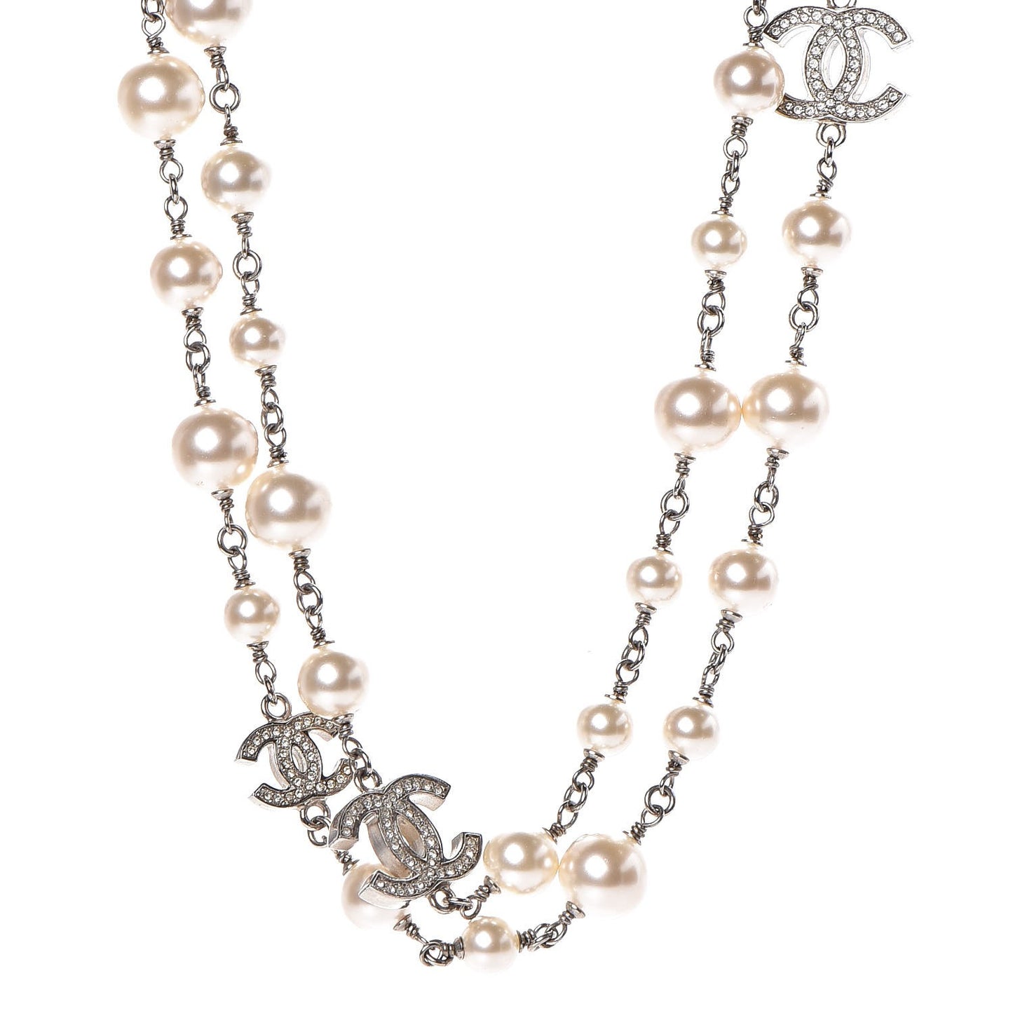 Crystal Pearl CC Long Necklace Silver