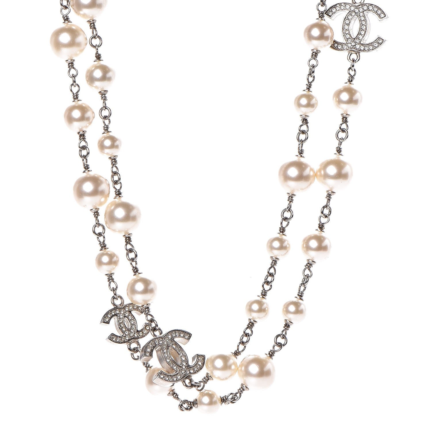 Chanel Crystal Pearl CC Long Necklace Silver 1 of 5