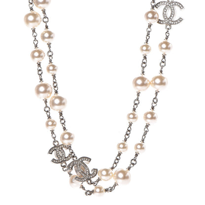 Chanel Crystal Pearl CC Long Necklace Silver 1 of 5