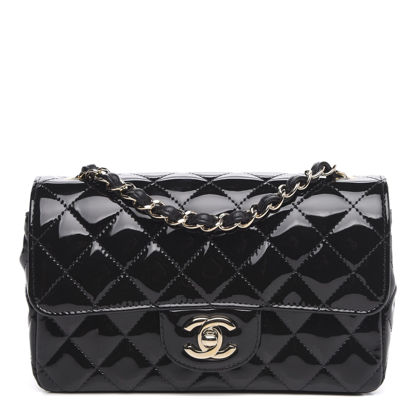 Patent Calfskin Quilted Mini Rectangular Flap Black