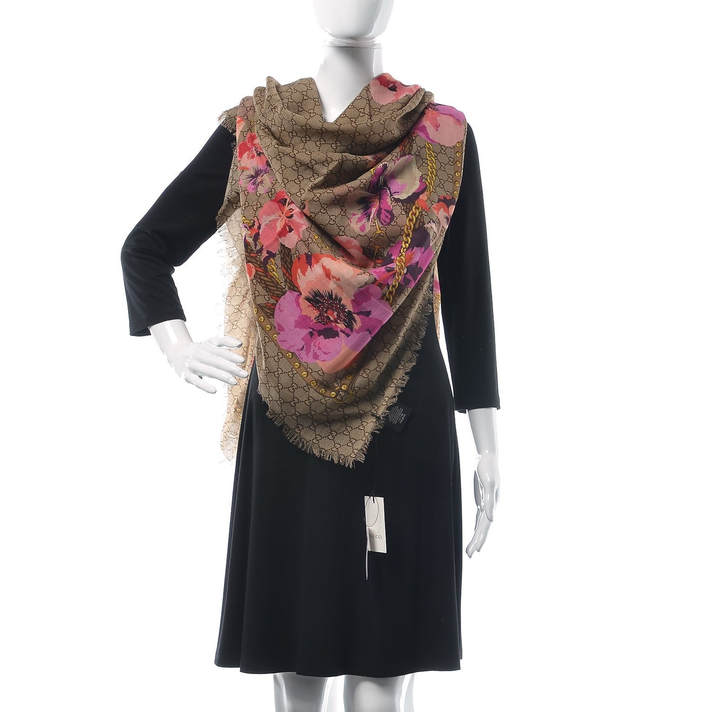 Wool Jacquard GG Monogram Big Panshie Fringe Shawl Roseate Beige