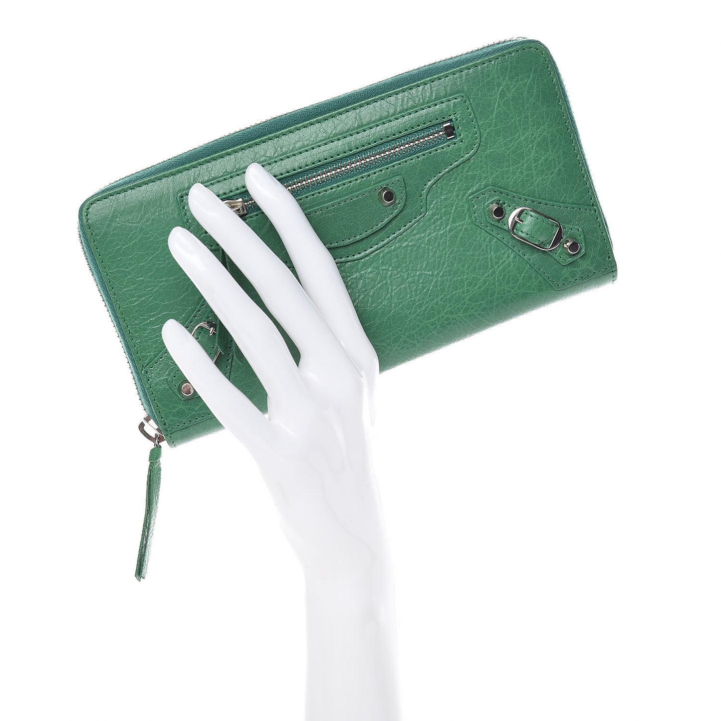 Agneau Classic Silver Hardware Continental Zip Around Wallet Emeraud