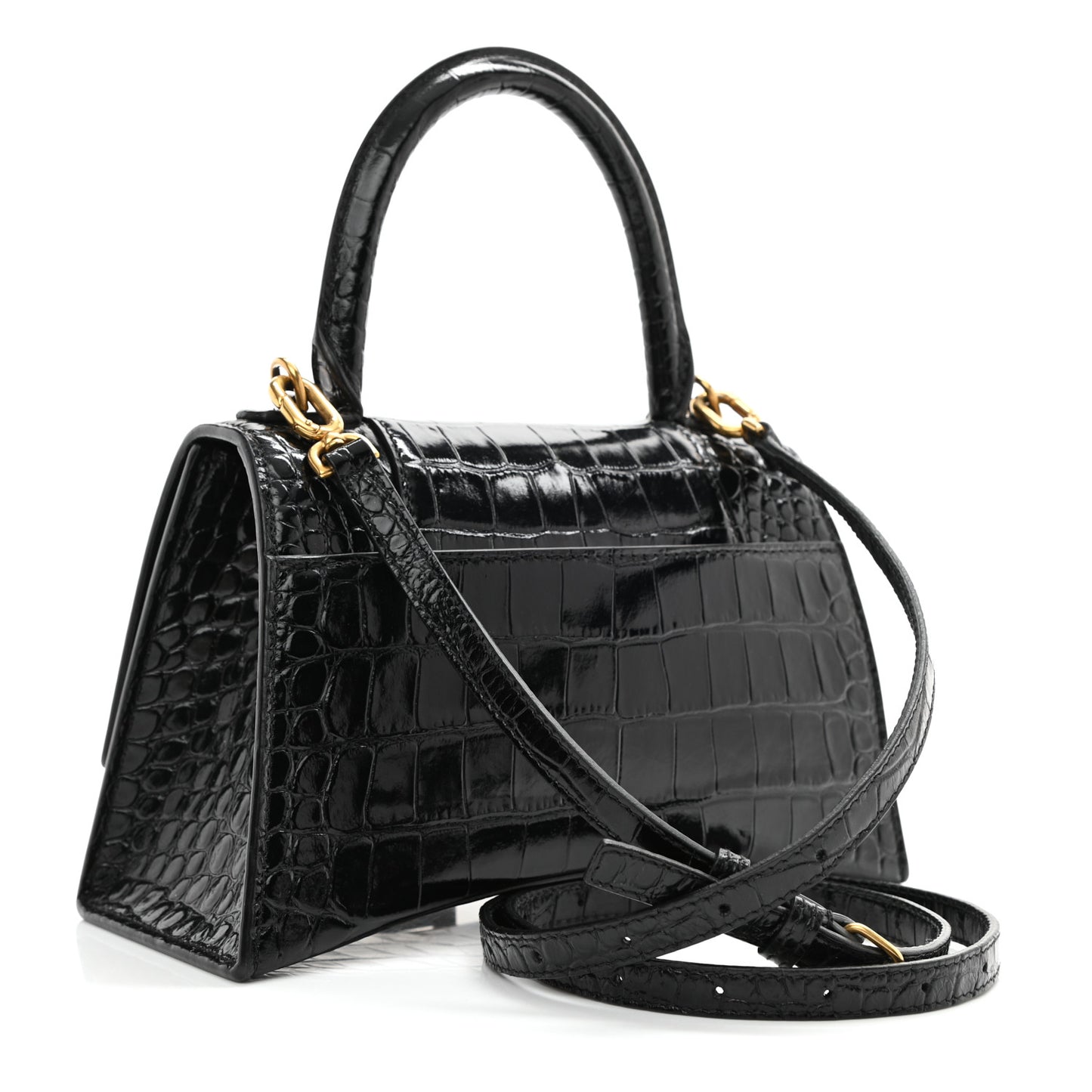 Shiny Calfskin Crocodile Embossed Small Hourglass Top Handle Bag Black