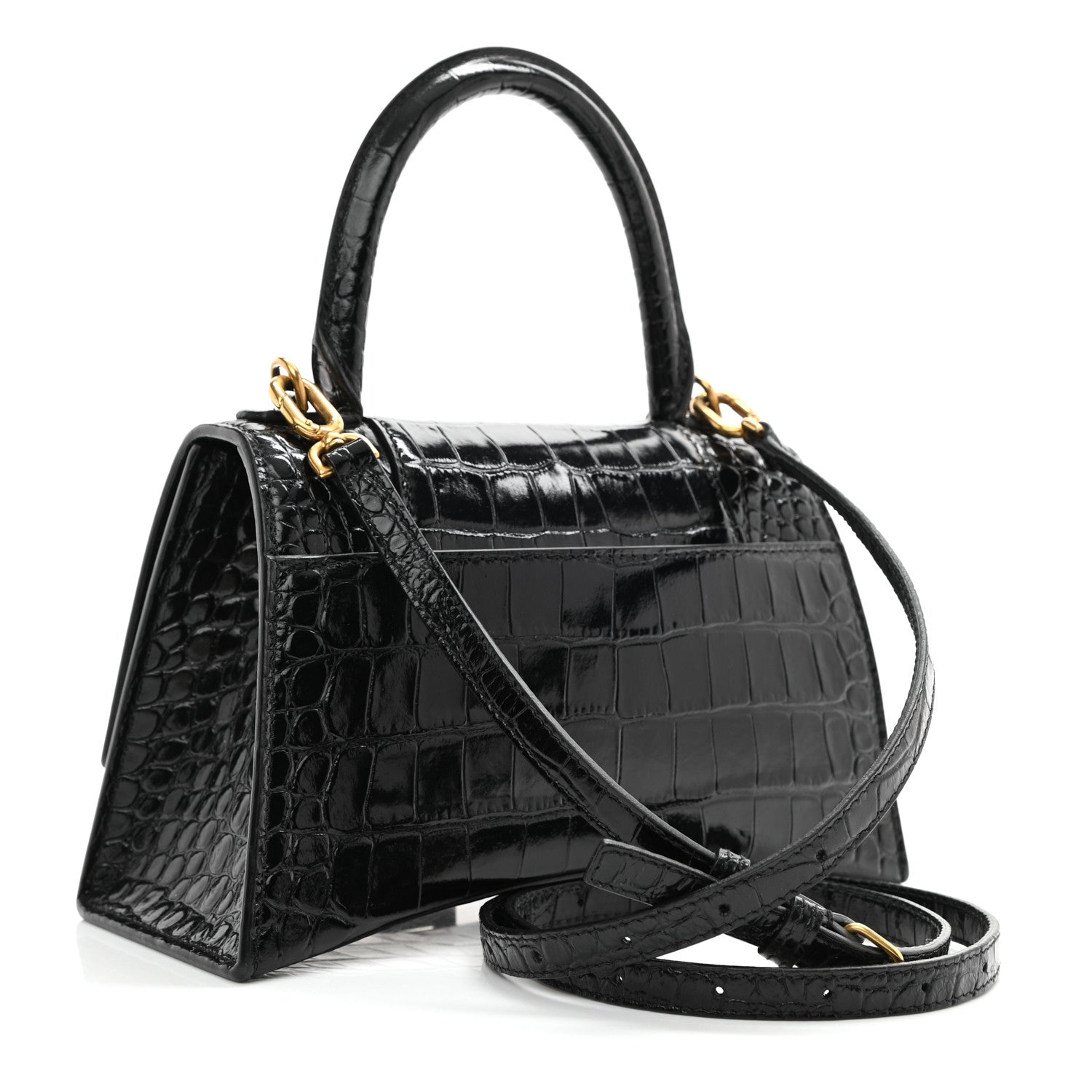Balenciaga Shiny Calfskin Crocodile Embossed Small Hourglass Top Handle Bag Black 3 of 9