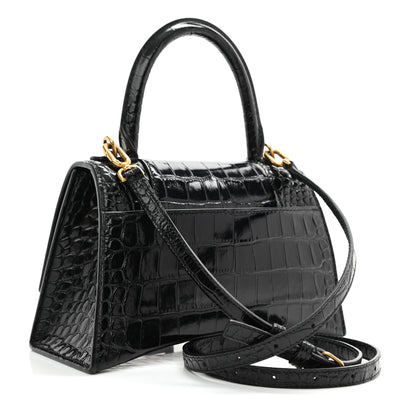 Balenciaga Shiny Calfskin Crocodile Embossed Small Hourglass Top Handle Bag Black 3 of 9