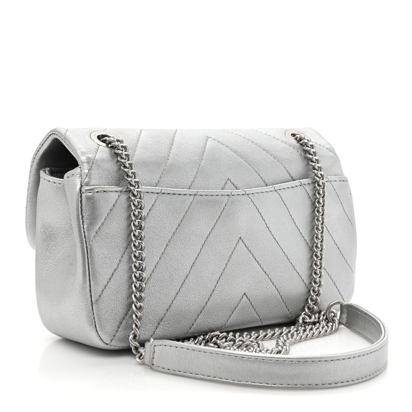 Metallic Lambskin Chevron Quilted Mini Rectangular Flap Silver