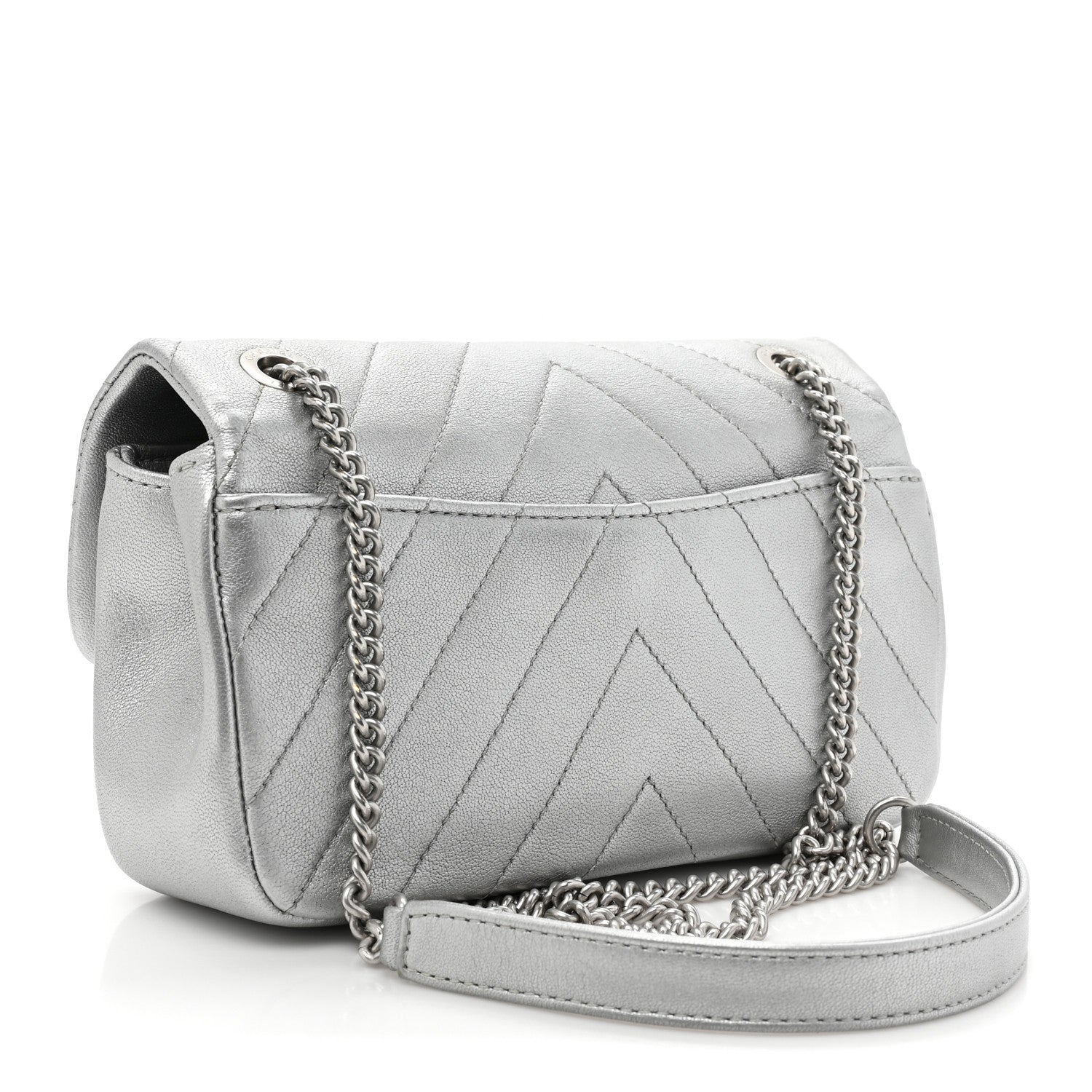 Chanel Metallic Lambskin Chevron Quilted Mini Rectangular Flap Silver 3 of 9