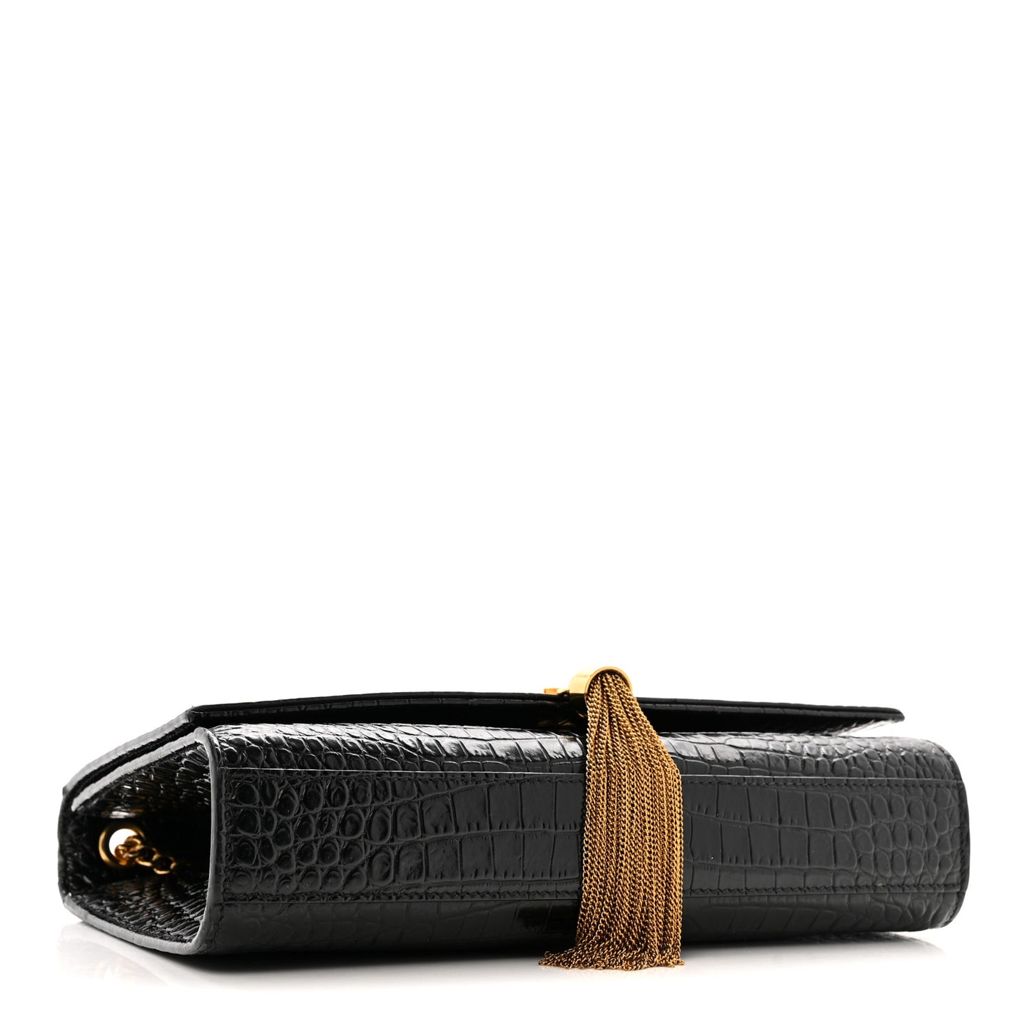 Calfskin Crocodile Embossed Medium Classic Monogram Kate Tassel Satchel Black