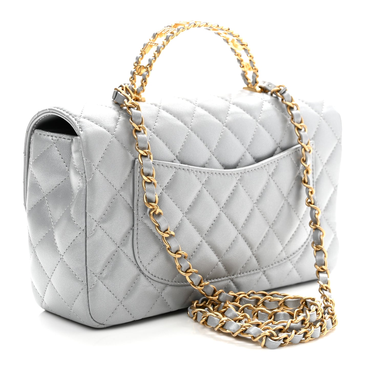 Metallic Lambskin Quilted Small Strass On Top Flap Silvery