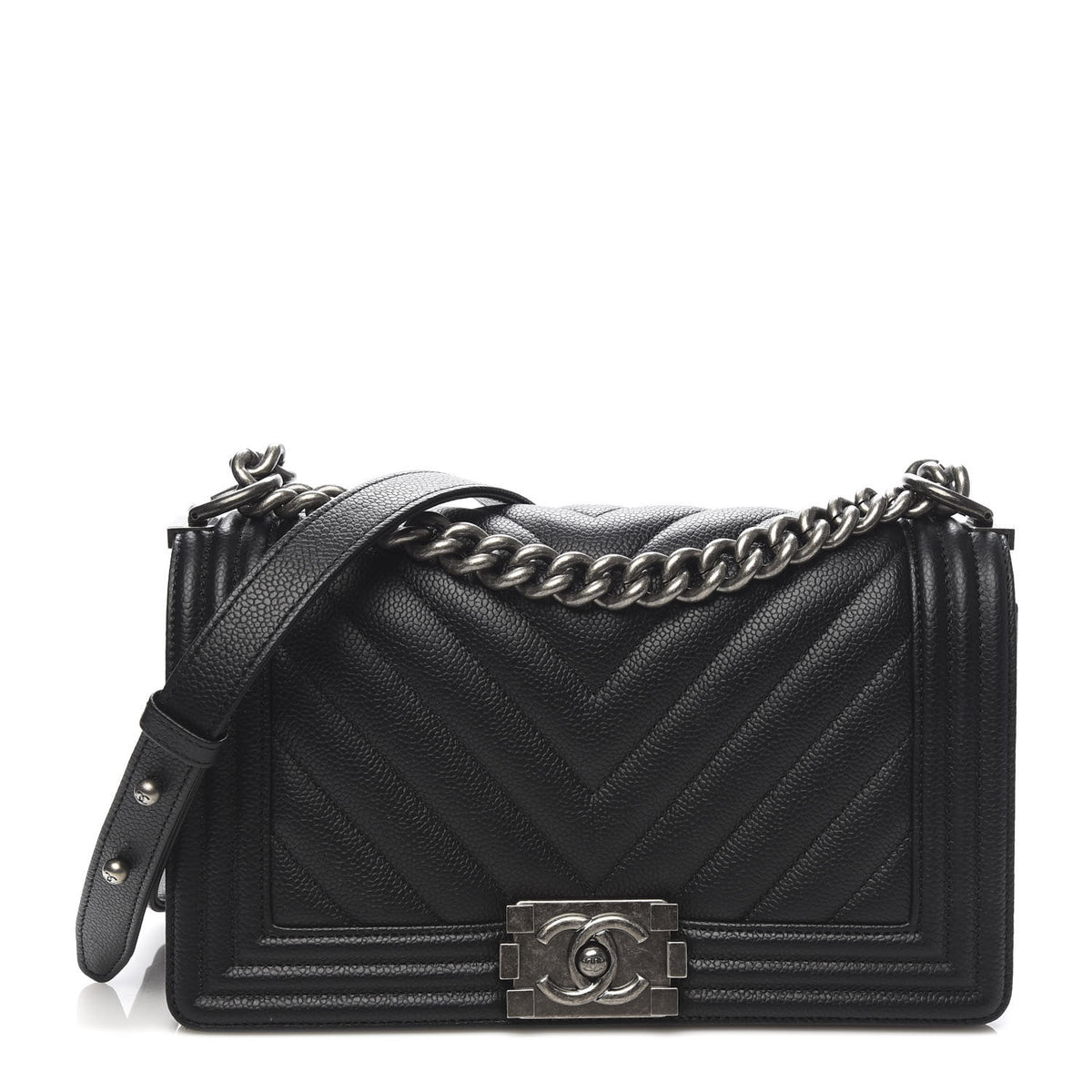 Caviar Chevron Quilted Medium Boy Flap Black
