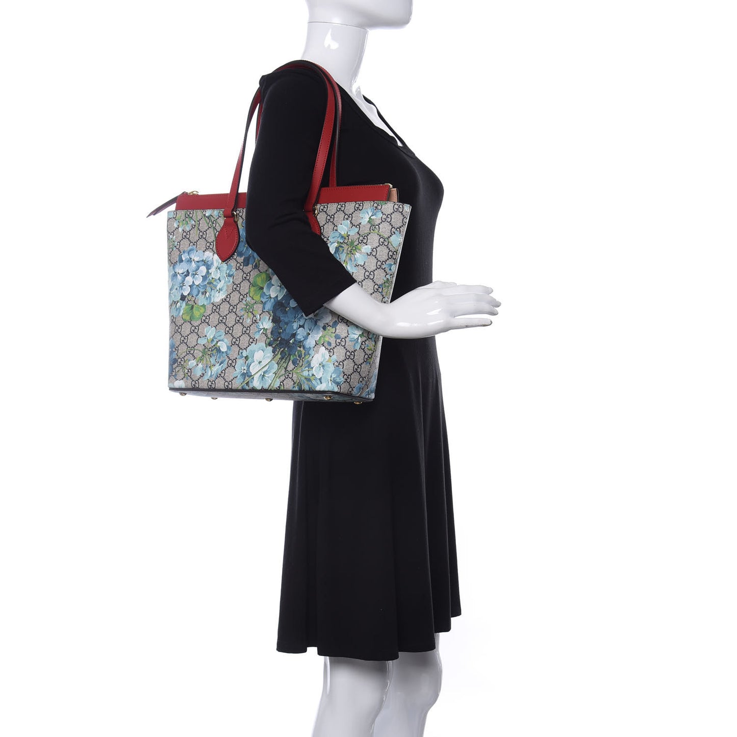 GG Supreme Monogram Blooms Medium Zippered Bucket Tote Beige Blue Navy Hibiscus Red