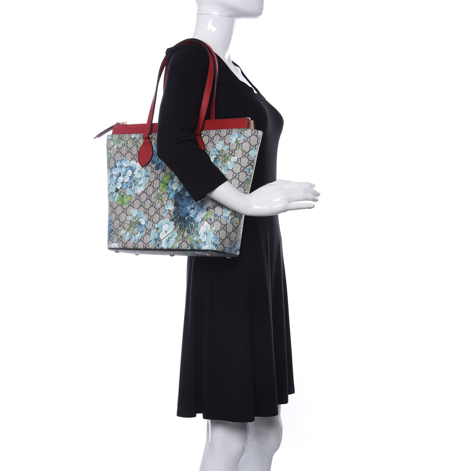 Gucci GG Supreme Monogram Blooms Medium Zippered Bucket Tote Beige Blue Navy Hibiscus Red 2 of 10