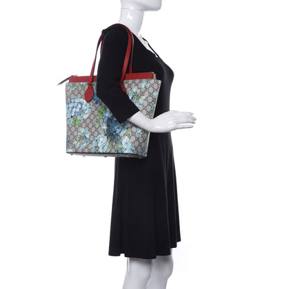 Gucci GG Supreme Monogram Blooms Medium Zippered Bucket Tote Beige Blue Navy Hibiscus Red 2 of 10